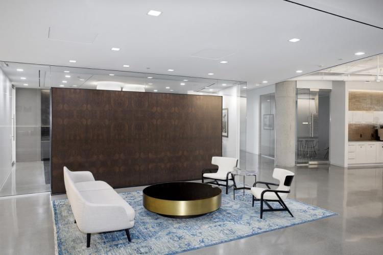 Law firm lobby area using commercial office lighting and lighting controls